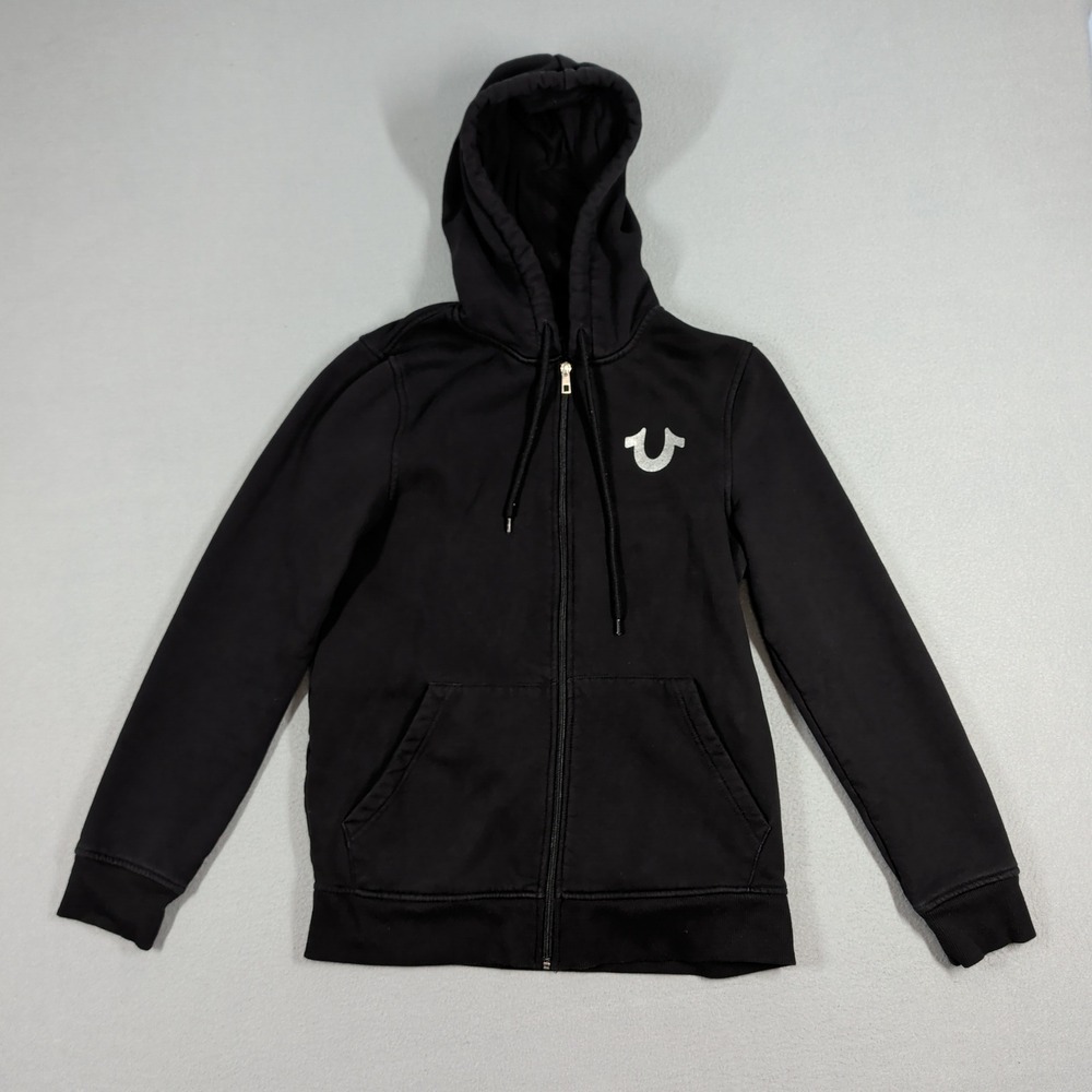 True Religion Hoodie Women S Black HS Buddha Foil Zip Up Logo Sweatshirt Y2K